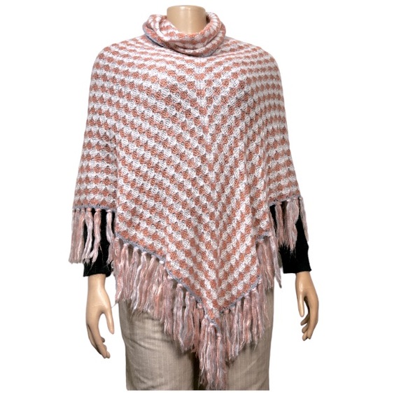 Karma Woman's Poncho Turtleneck loose Knit Fringe hem Ivory Pink blue size OS - Picture 12 of 14